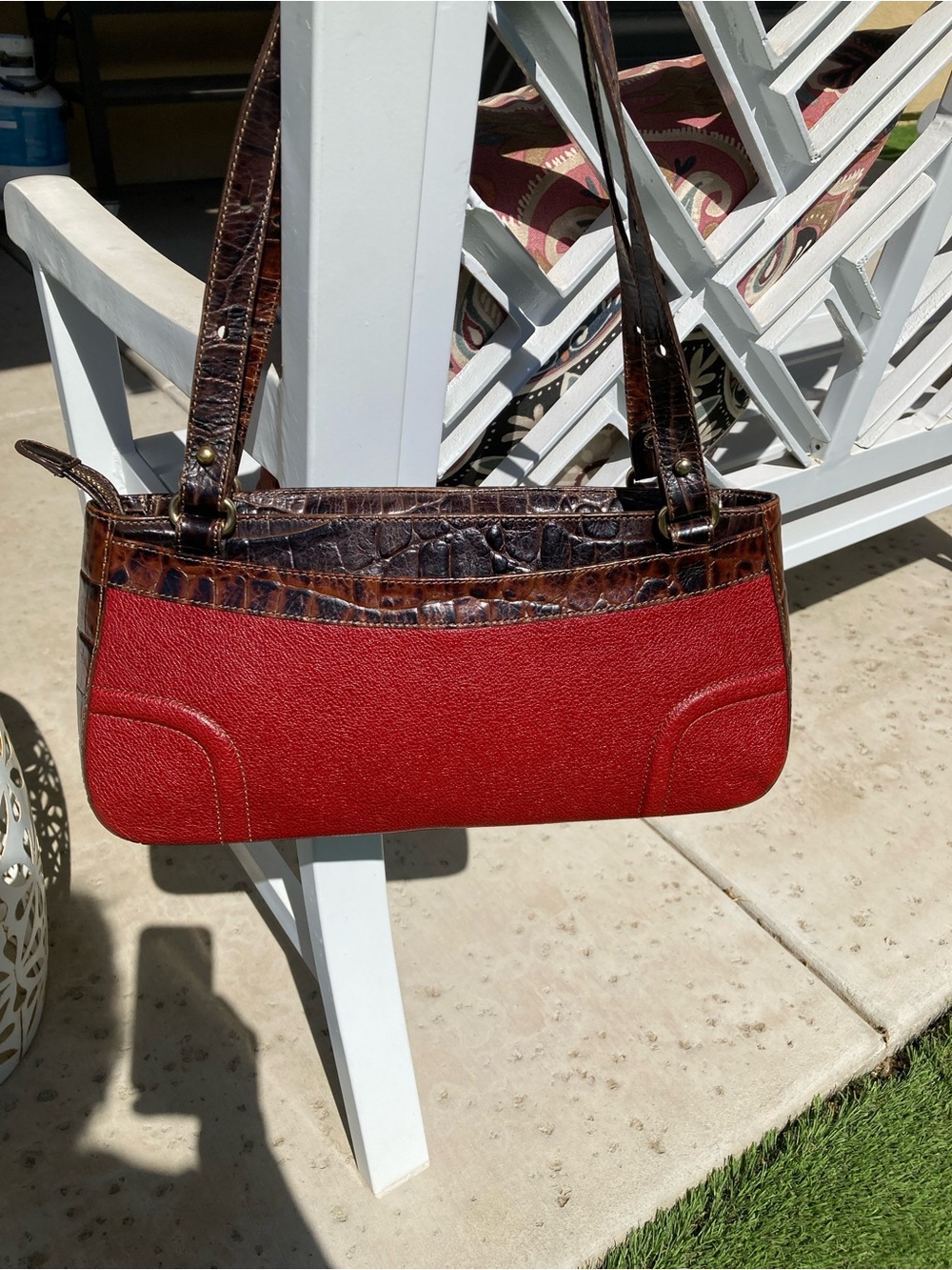 Brahmin Red Shoulder Bag w/Brown Leather Croc-Embossed Trim - Picture 2 of 13
